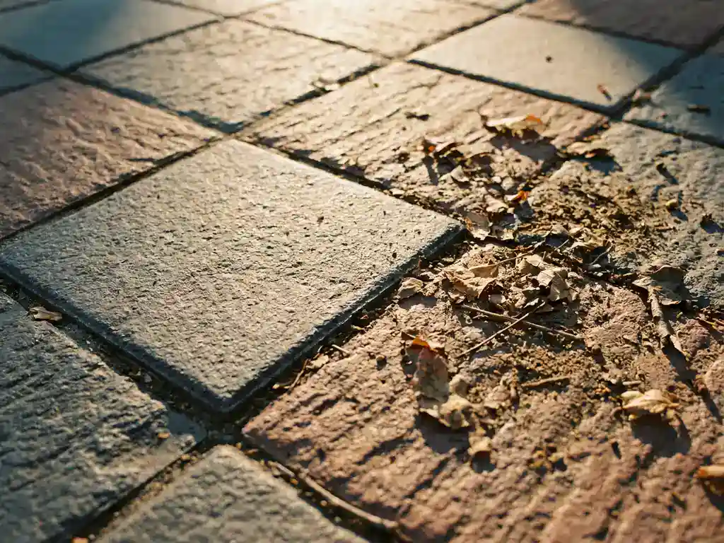 Antislip terrastegels in leisteen en terracotta tinten met gevallen bladeren in de voegen, beschenen door warm middagzonlicht.