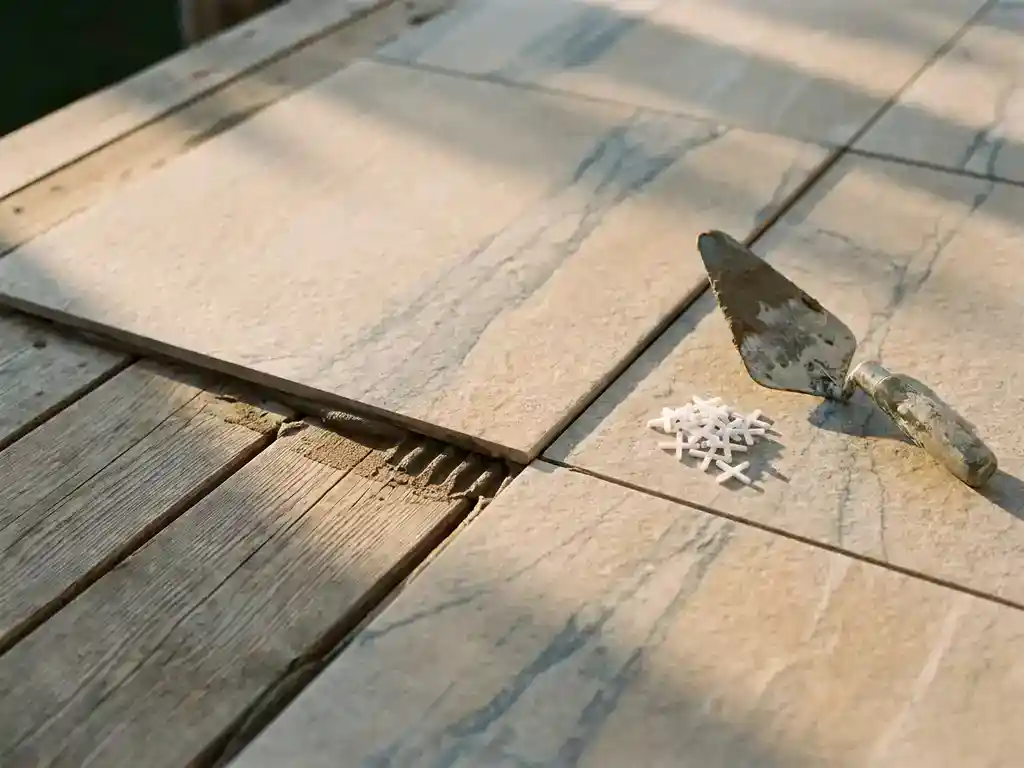 Grote 60x60 keramische tegel half geplaatst op houten vlonderplanken, met tegelkruisjes en truweel op zonnig terras.