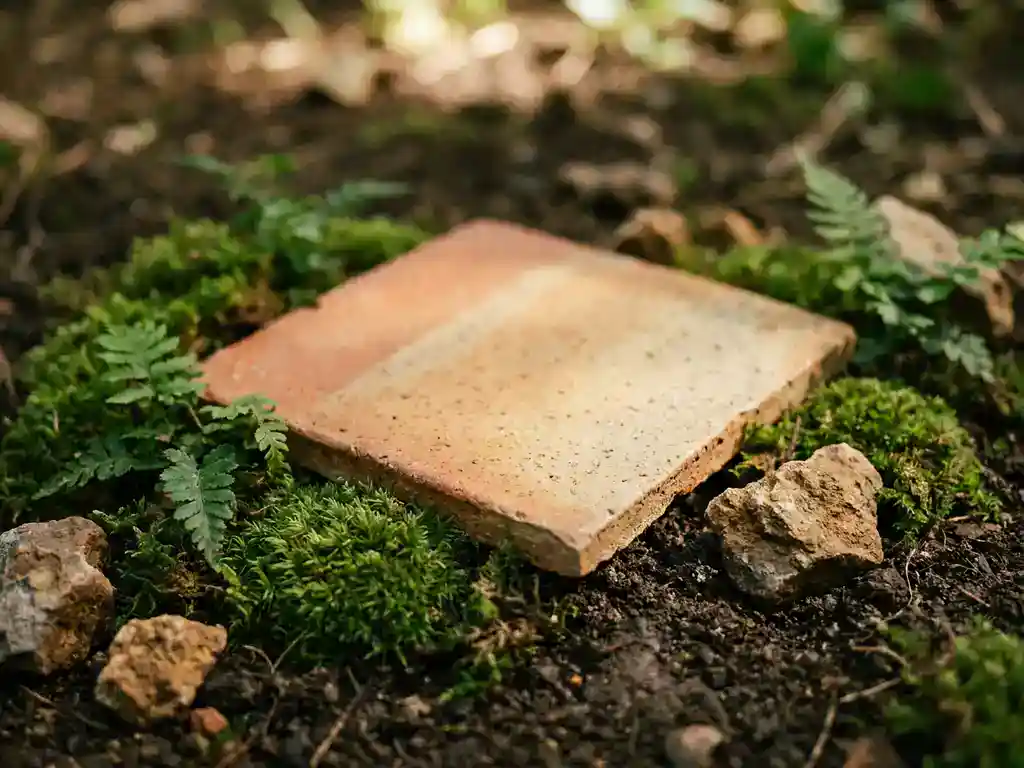 Terracotta vloertegel op donkere bosgrond omringd door groen mos en kleine planten in natuurlijk daglicht.