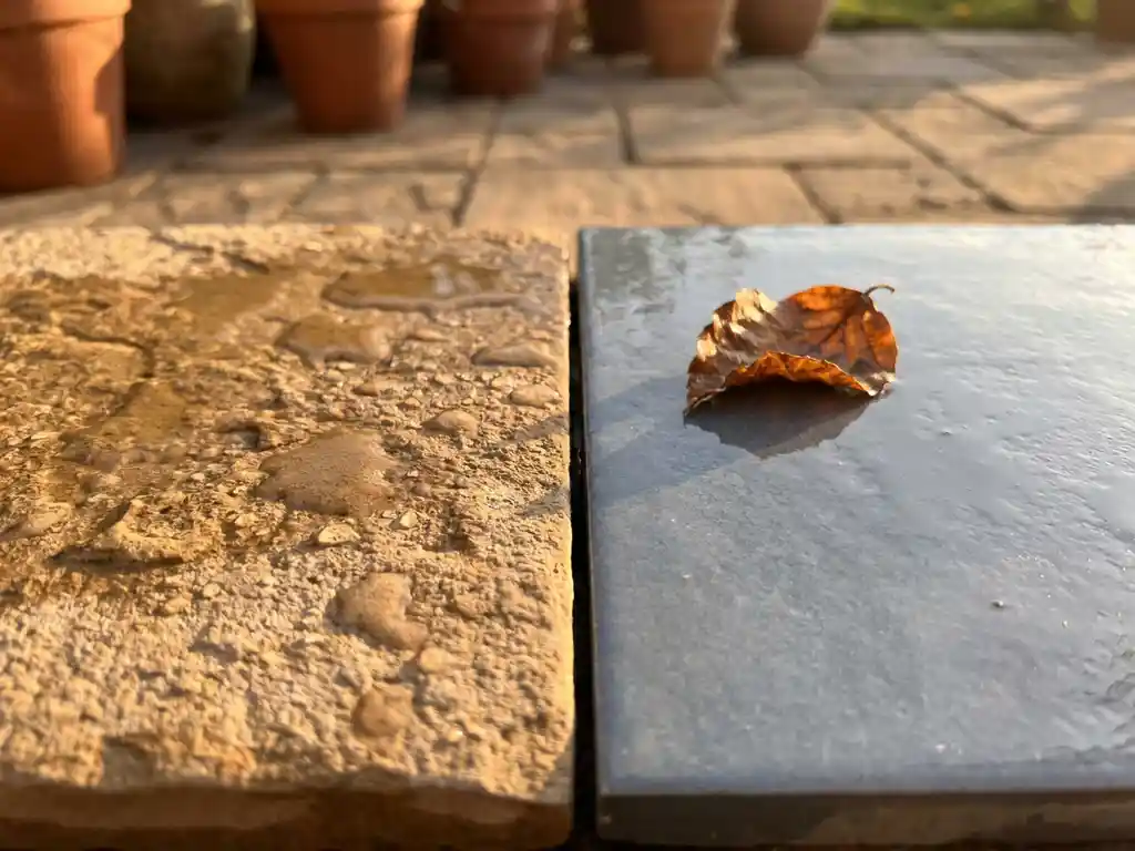 Natte getextureerde steentegel met waterdruppels naast een gladde geglazuurde tegel op een zonnig terras, met een herfstblad.