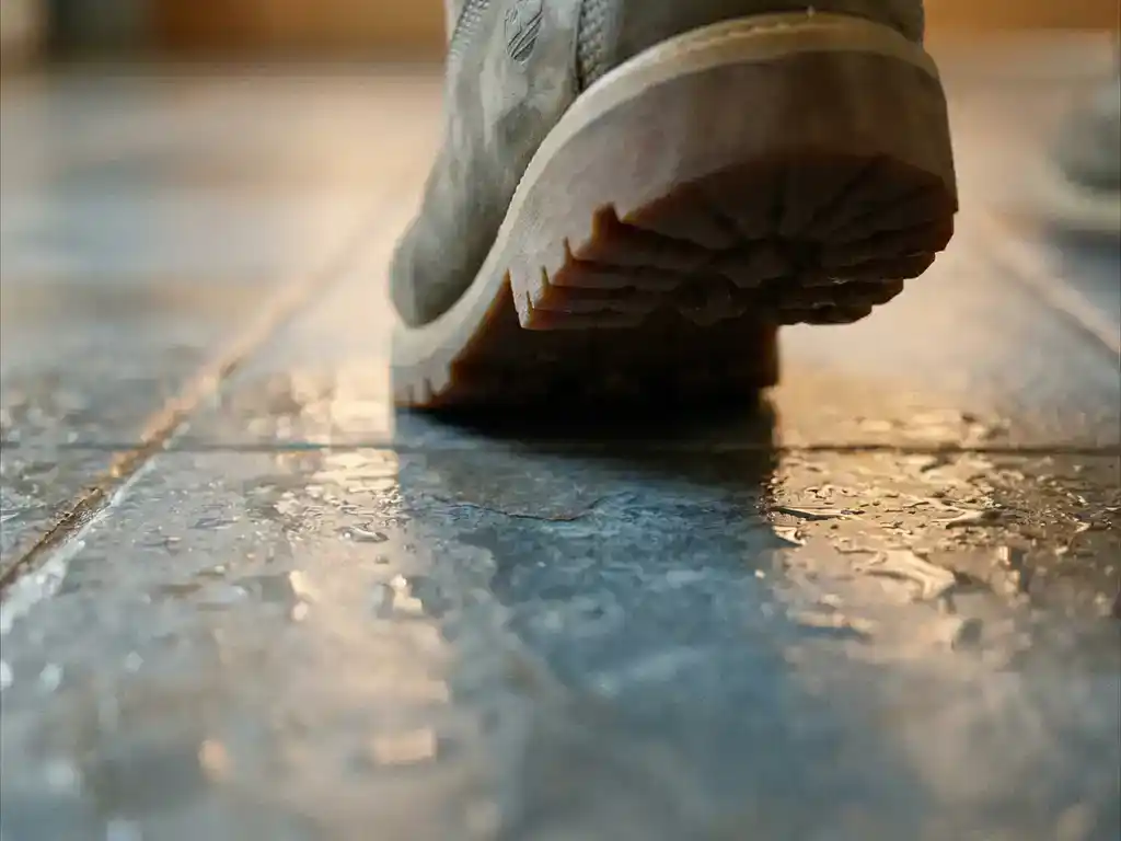 Rubberzool op natte keramische vloertegel met waterdruppels, close-up van antislip grip op glanzend grijs oppervlak.