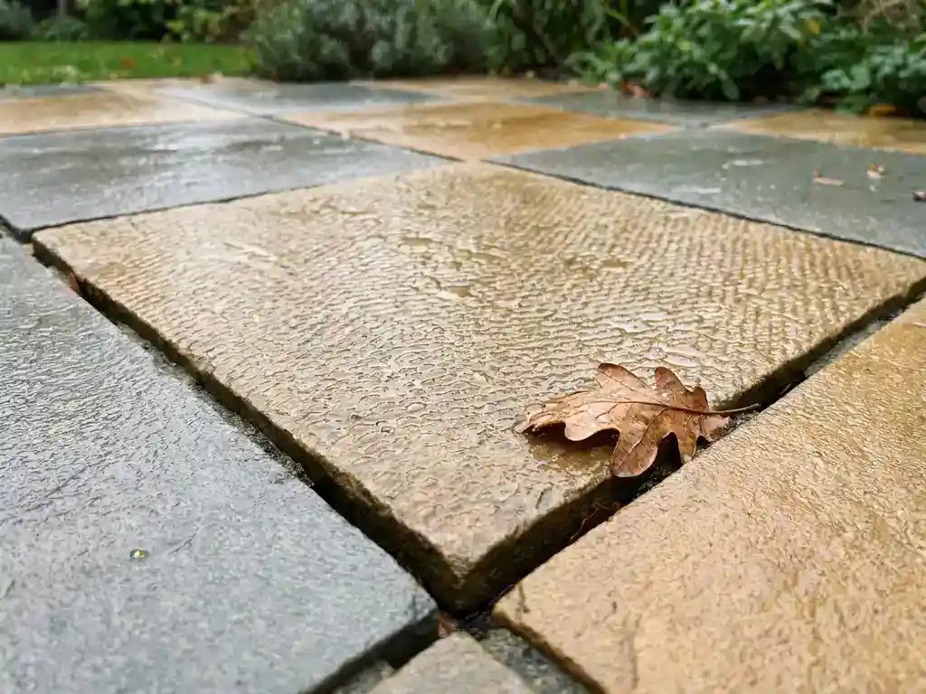 Natte terrastegel met antislippatroon, regendruppels en een gevallen herfstblad in grijze en zandstenen tinten.
