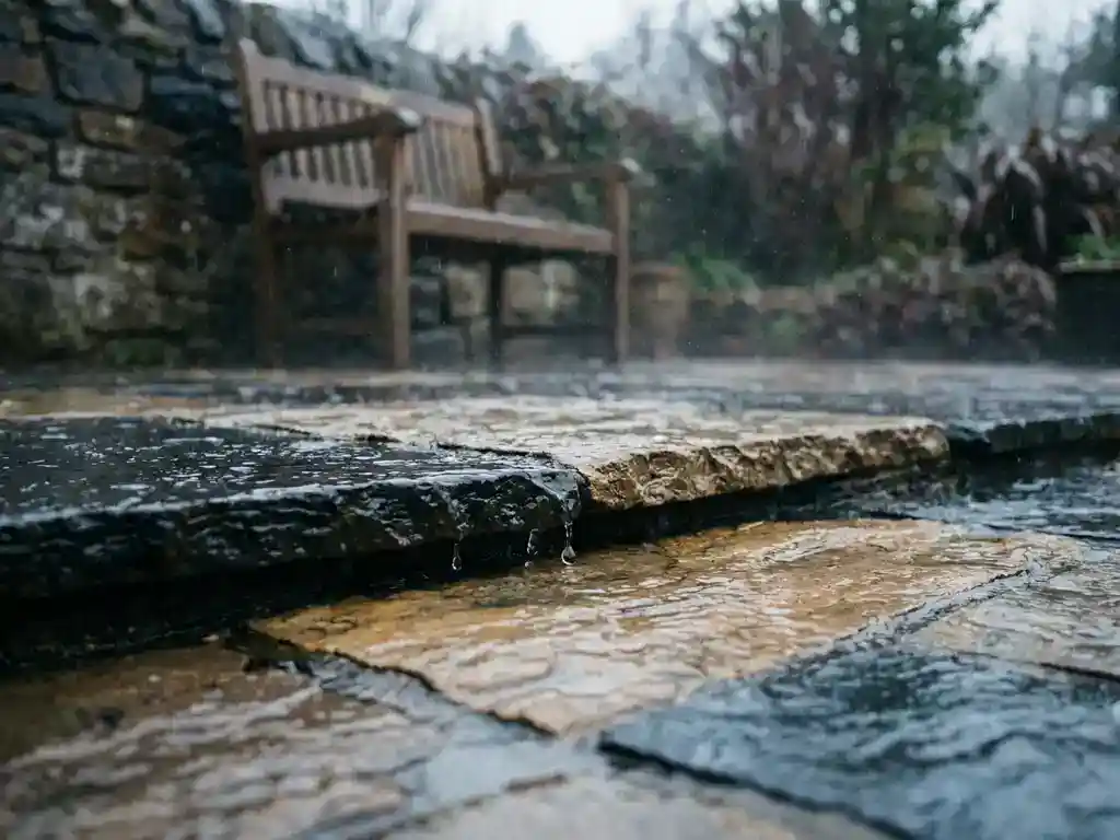 Regendruppels op ruwe terrastegels van zandsteen met houten tuinstoel op de achtergrond, sfeervolle bewolkte dag.