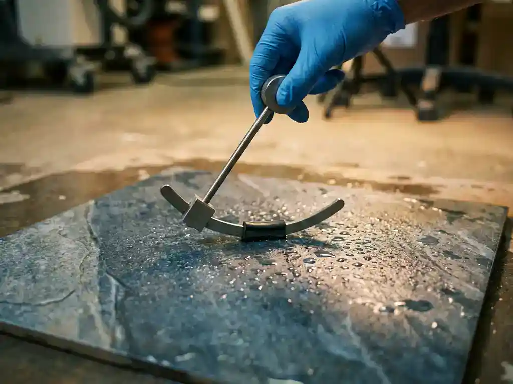 Pendulumtest op natte keramische vloertegel met slipweerstandsmeter, handgeschoende hand stabiliseert het apparaat, leisteenblauw oppervlak.