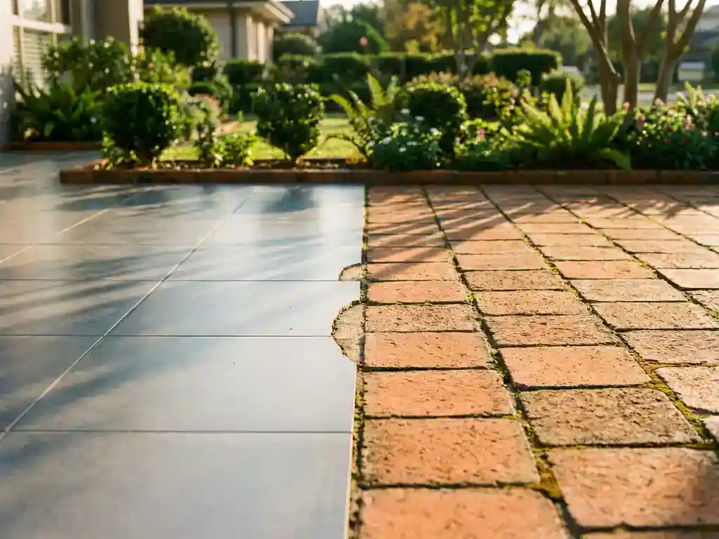 Oprijlaan met keramische tegels naast rustieke kleibestrating, gescheiden door een natuurlijke naad, omgeven door een verzorgde tuinrand in warm middaglicht.