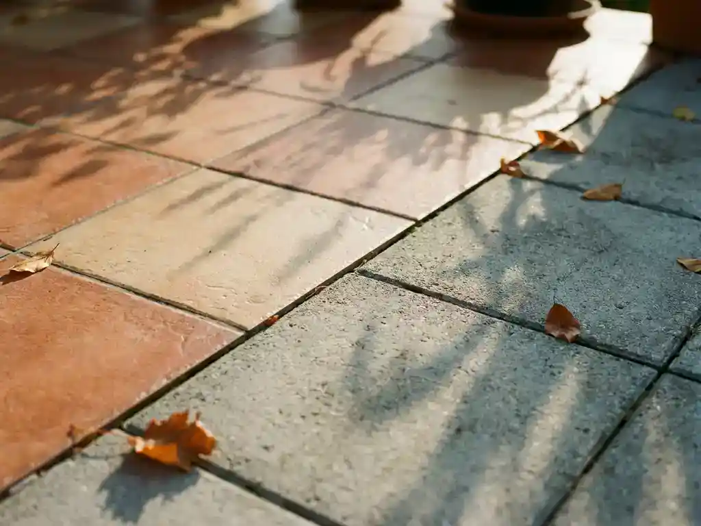 Keramische tegels en betonnen klinkers op een terras in warm middagzonlicht, met herfstbladeren en schaduwen op zand- en terracottakleuren.