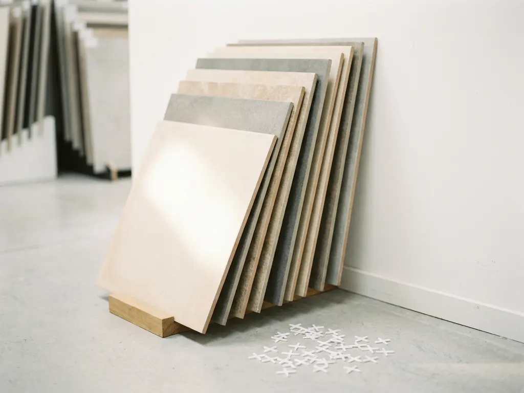 Stapel grote 60x60 keramische tegels in crème en warmgrijs tegen witte showroomwand, matte oppervlaktextuur zichtbaar.