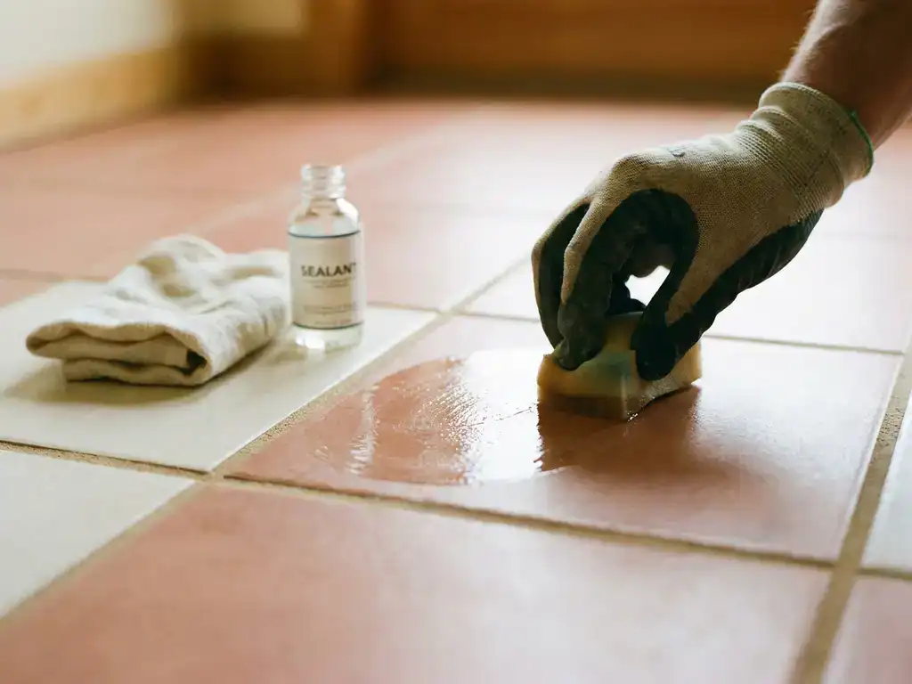 Gehandschoende hand die sealant aanbrengt op keramische vloertegel met zichtbare voegen, zachte doek en applicatorflesje ernaast.