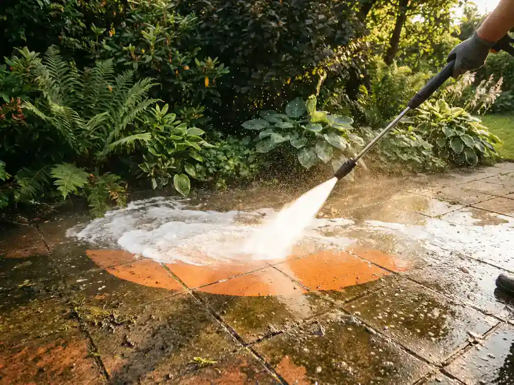 Hogedrukreiniger verwijdert aanslag van terracotta terrastegels, omgeven door weelderige tuinbeplanting in gouden middagzon.