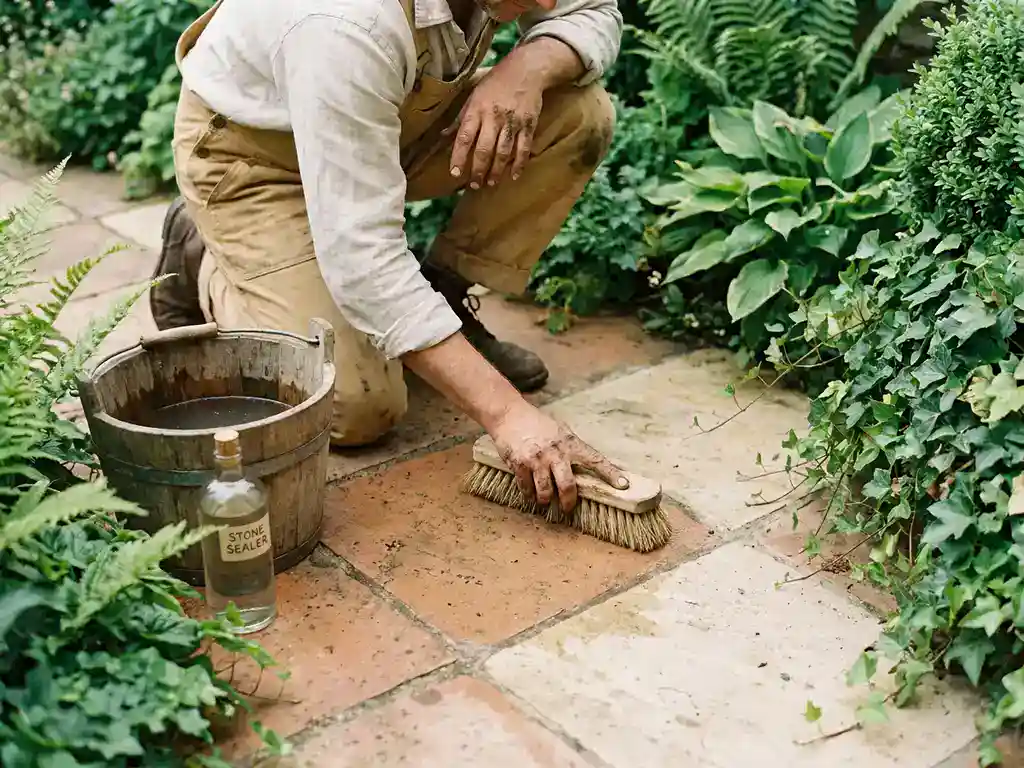 Persoon die terracotta tegels schrobt met een natuurlijke borstel, houten emmer en steenreiniger op het patio, omgeven door weelderig groen.