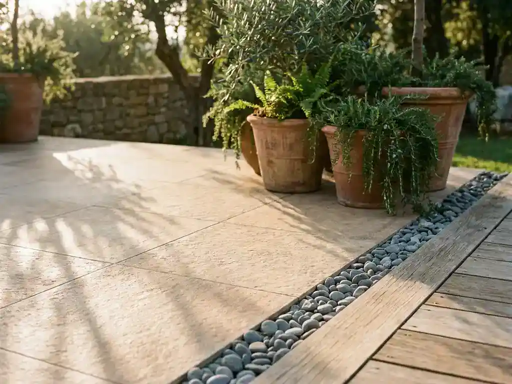 Zonnig terras met grote keramische tegels in zandbeige, eiken houten vlonder en grindrand, terracotta plantenbakken op de achtergrond.