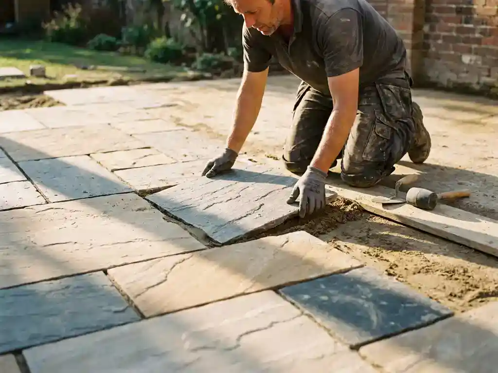 Vakman die grote grijze terrastegel in zandbed drukt, omringd door pas gelegde buitentegels in beige en leisteen, gouden middaglicht.