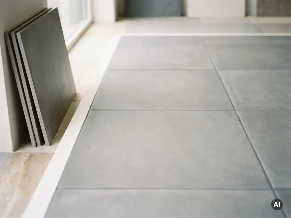 Grijze betonlook keramische buitentegels in strak gridpatroon met dunne voegen en matte afwerking, enkele tegels rechtop gestapeld in showroom.