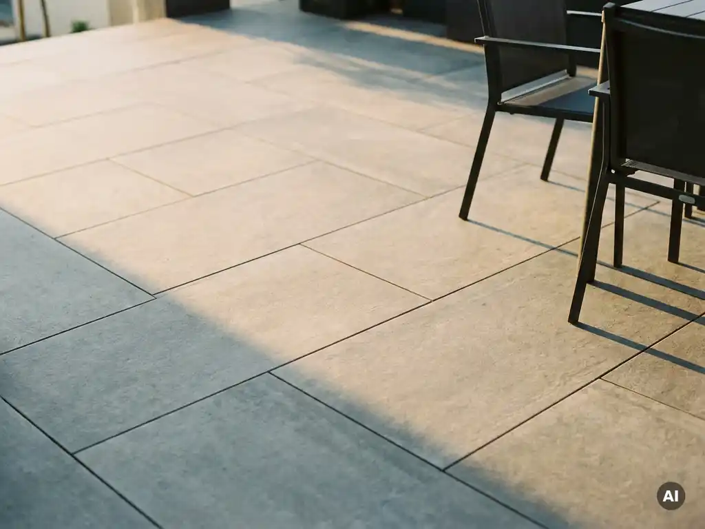 Grote grijze keramische vloertegels in verband gelegd op een zonnig buitenterras, met zachte schaduwen en een tuinstoel op de achtergrond.