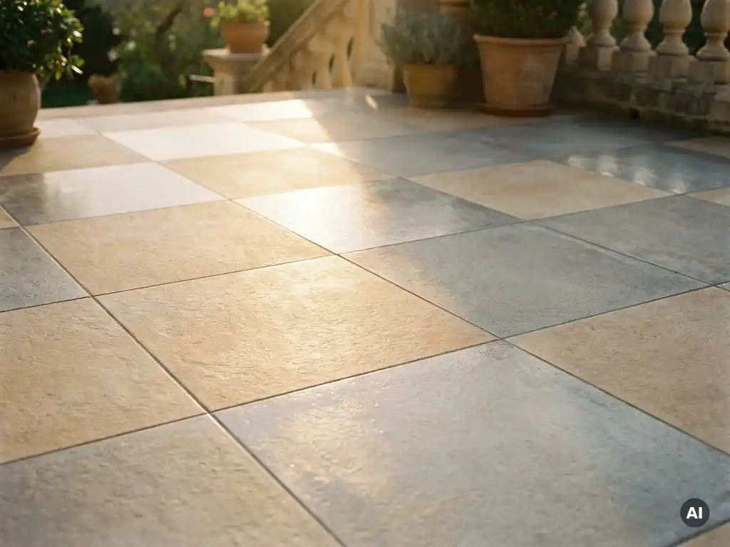 Keramische 60x60 buitentegels in zandbeige en betongrijs met glanzend en mat oppervlak, opgenomen in warm middaglicht op een terras.