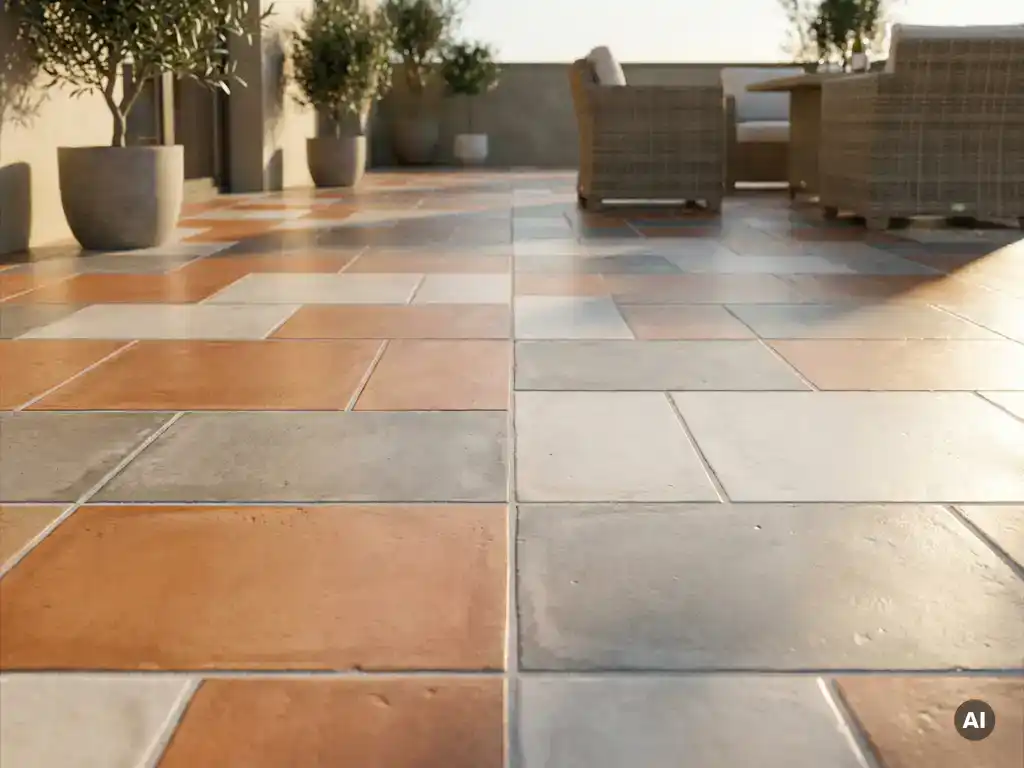 Zonnig buitenterras met grote keramische tegels in gestapeld verband, lichtgrijze voegen en warme terracotta- en betongrijs tinten.