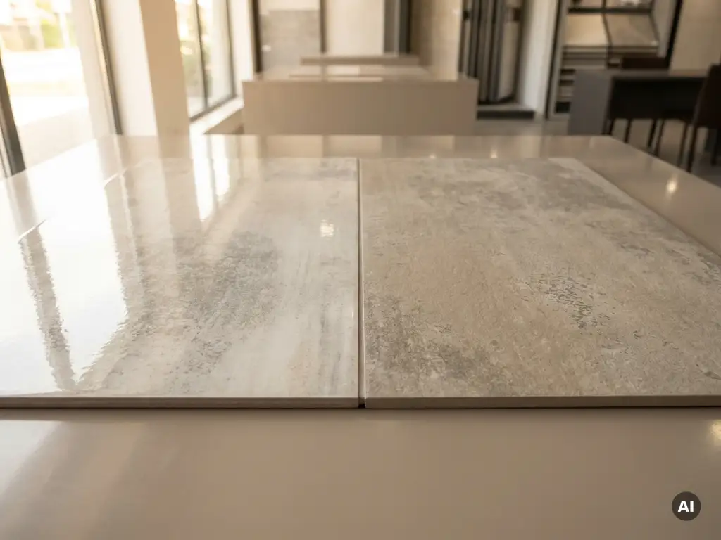 Twee betongrijs keramische vloertegels naast elkaar: één met glanzend glazuur, één met matte ongeglazuurde afwerking.