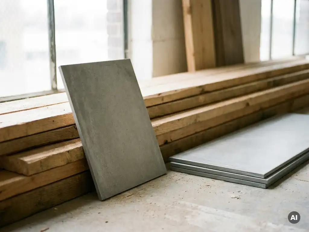 Grijze betonlook keramische tegel tegen houten latten op betonvloer, met scherpe uniforme randen zichtbaar.