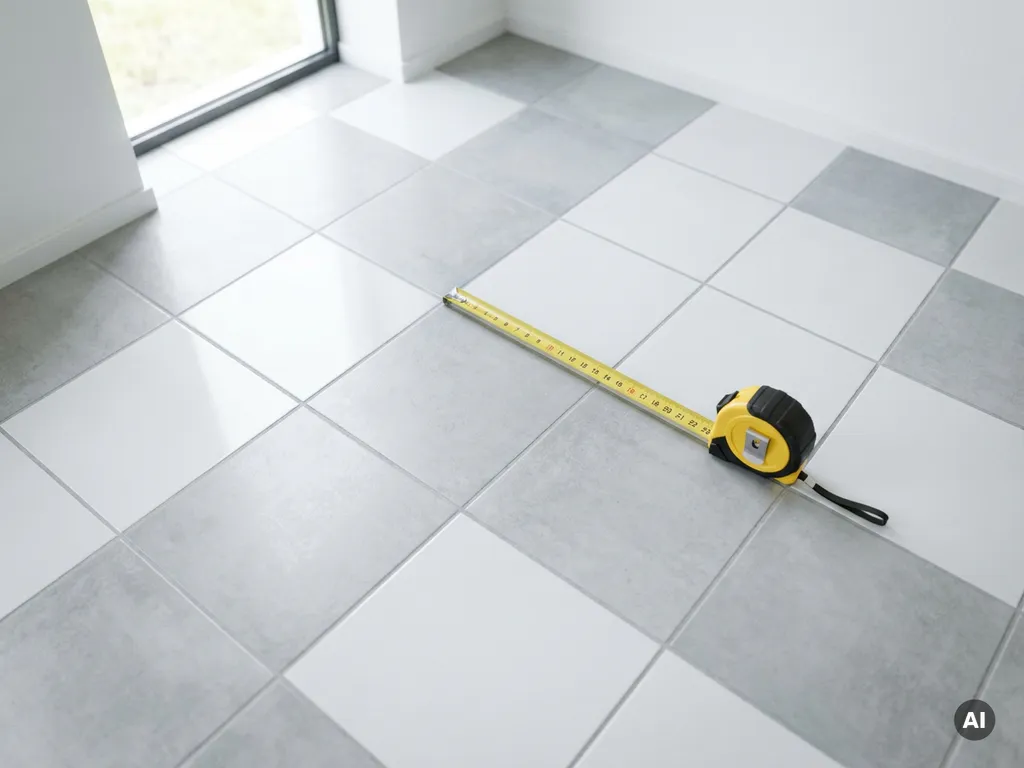 Lichtgrijze betonlook keramische tegels 60x60 in strak gridpatroon met meetlint, helder showroominterieur.