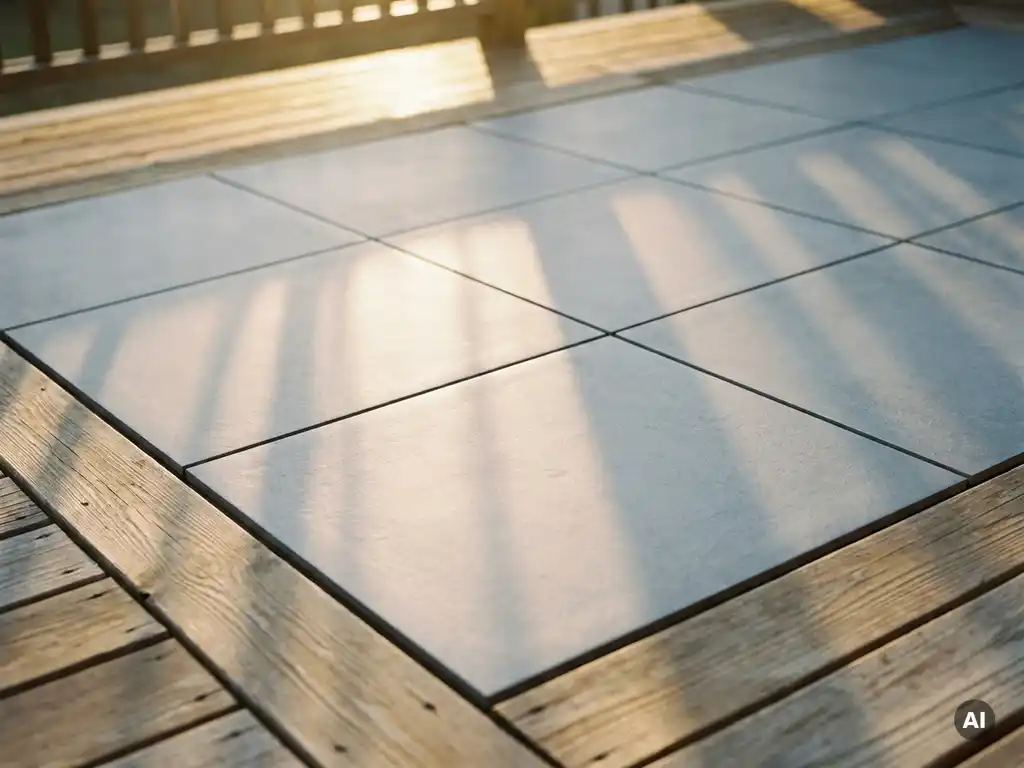 Grijze matte keramische tegels 60x60 op een houten terras, strakke voegen in tegellichtval met warme middagzon.