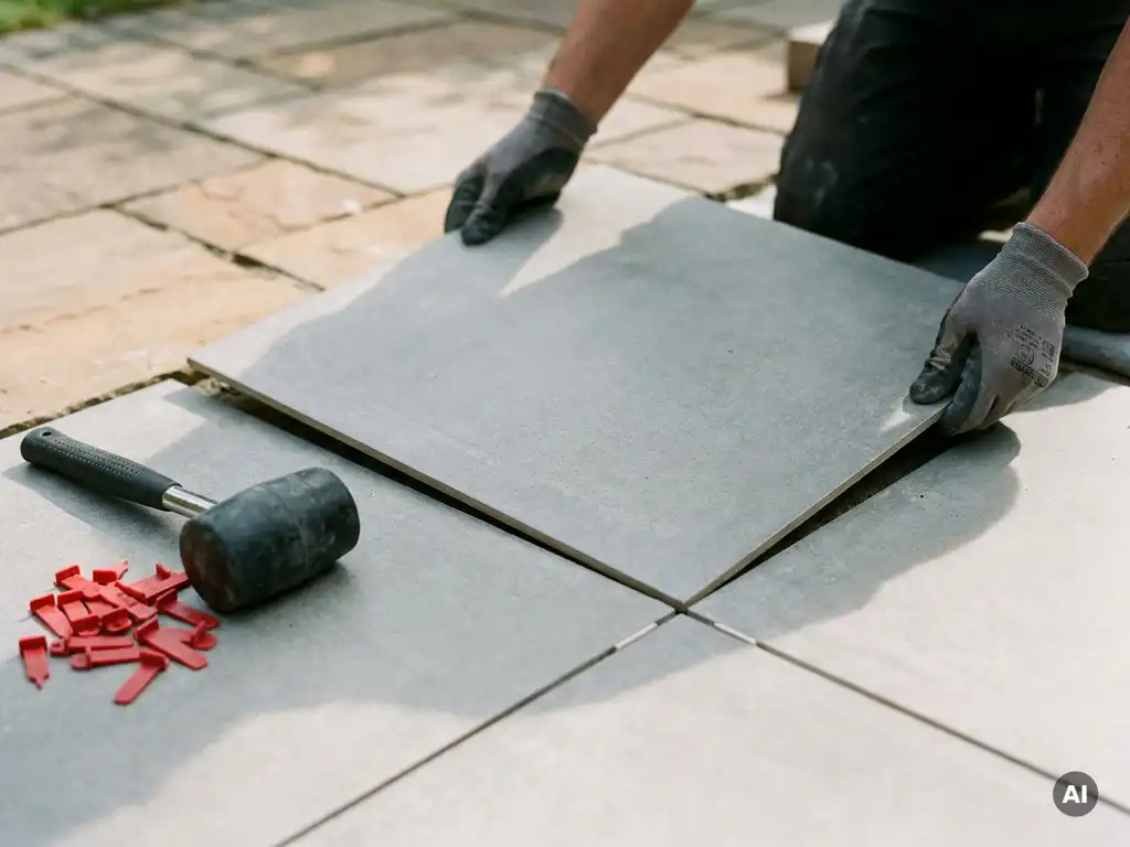 Gloved hands laying large matte betongrijs keramische tegels op buitenterras, met tegelafstandhouders en rubber hamer op de achtergrond.