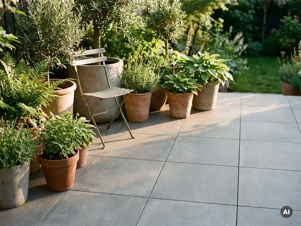 Grote keramische tegels met matte betonlook finish op een compact terras, met groene potplanten en een bistrostoel in warm middaglicht.