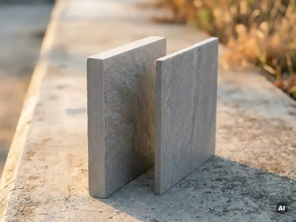 Twee keramische buitentegels met zichtbaar verschillende diktes, staand op beton in mat grijs met digitale printtextuur.