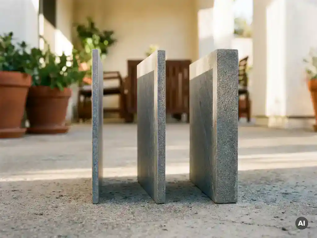 Drie keramische buitentegels met verschillende diktes rechtop naast elkaar op beton, matte grijze glazuurlaag, natuurlijk daglicht benadrukt het diktecontrast.