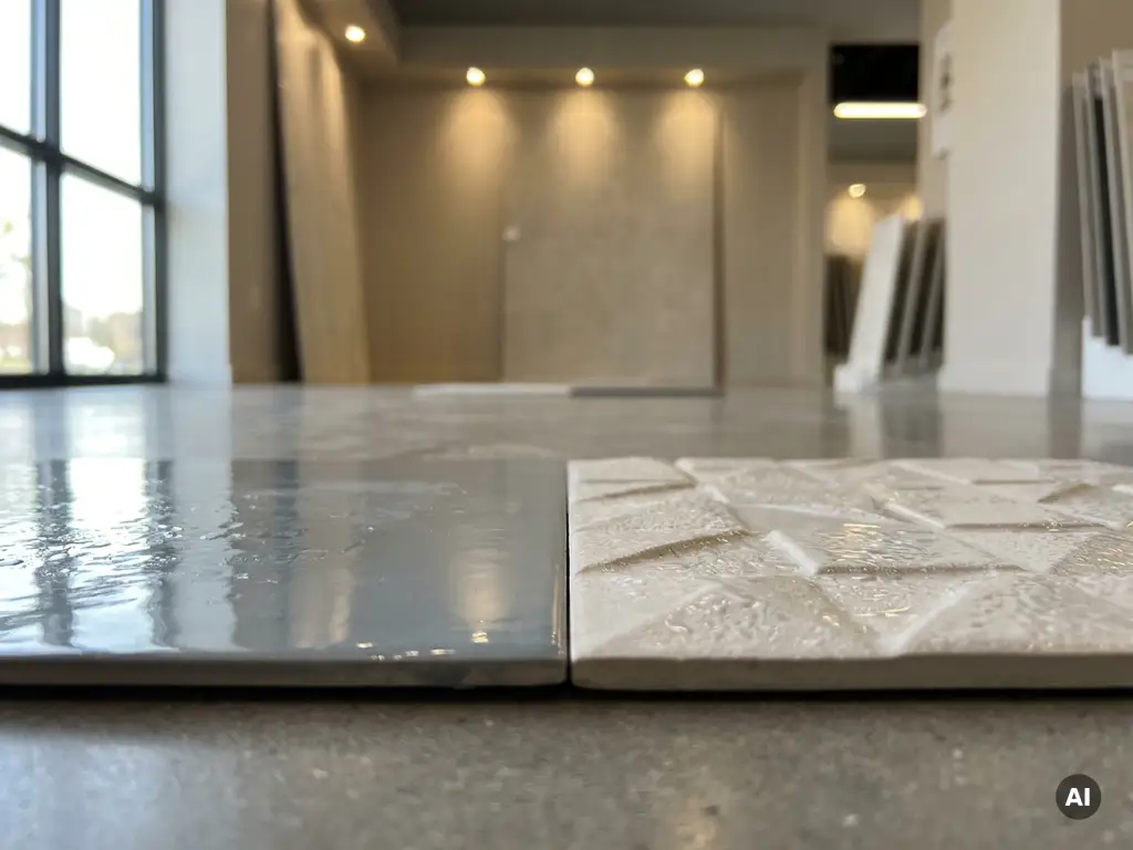 Twee keramische tegels op showroomvloer: één gladgeglazuurd, één met reliëf, met waterdruppels en zachte zijdelingse belichting.