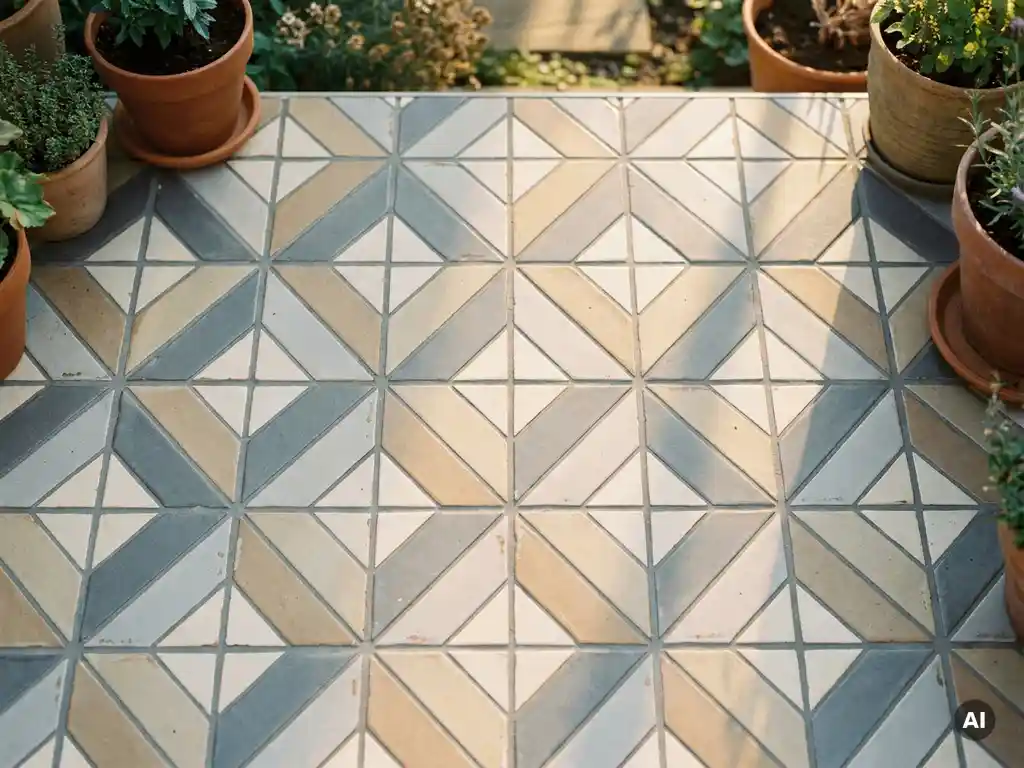 Keramische terrastegels met geometrisch patroon in grijs, beige en wit, gefotografeerd van bovenaf in warm middagzonlicht.