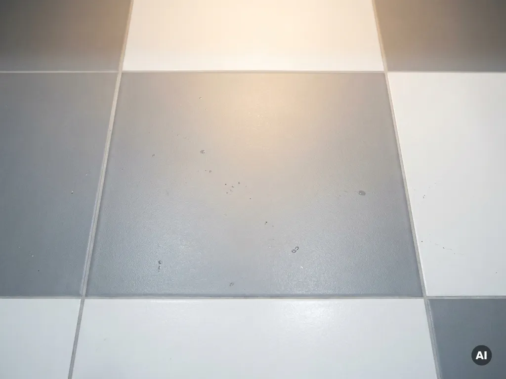 Keramische vloertegels met antisliptextuur, waterdruppels en licht stof op het geglazuurde oppervlak, grijs-witte tinten, bovenaanzicht.