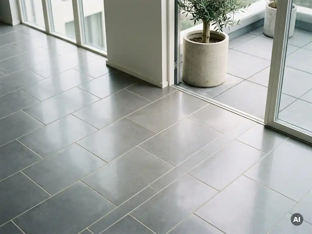 Glanzende keramische vloertegels in betongrijs met staggered patroon op minimalistisch terras met moderne plantenbak.