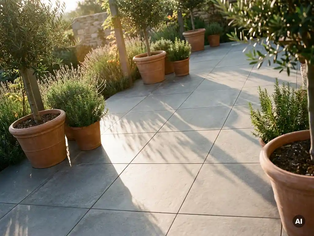 Grote keramische vloertegels met betonlook op een tuinterras, scherpe voegen, mediterrane plantenpotten en warme middagschaduwen.