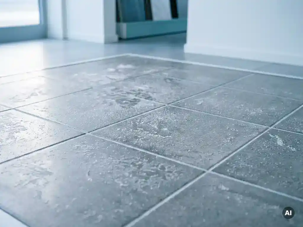 Vorstbedekte grijze betonlook vloertegels met matte glazuur, dunne voegen en ijskristallen op het oppervlak in een showroomomgeving.