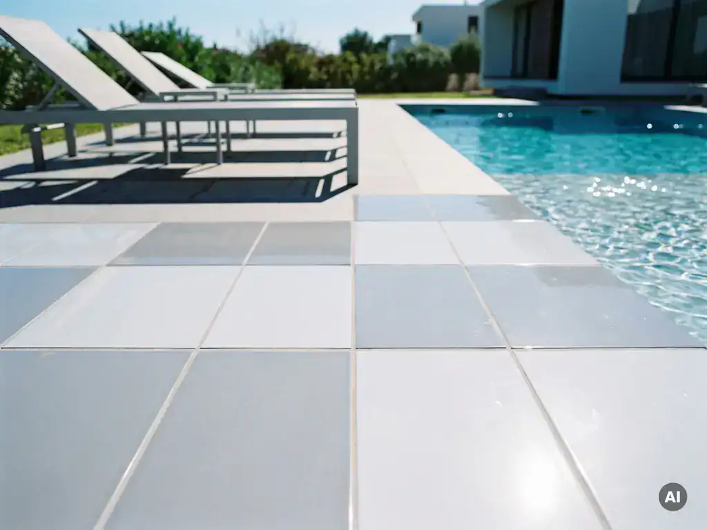 Glanzende keramische terrastegels in wit en grijs rond een buitenzwembad, met waterreflecties op het geglazuurde oppervlak.