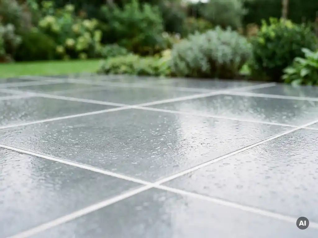Natte keramische terrastegels met betonlook in leisteengrijs, regendruppels op antislip oppervlak, wazige groene tuin op achtergrond.
