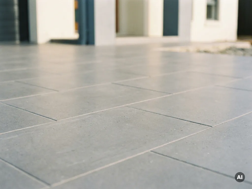 Oprit van grote keramische tegels in betongrijs met matte glazuurlaag, strakke voegen in lopend verband, woonhuis op achtergrond.