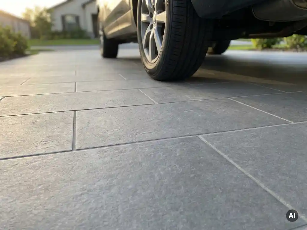 Grote keramische tegels in verspringend patroon op oprit met autoband op het matte grijze oppervlak.