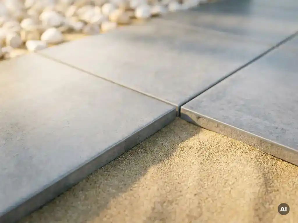 Keramische terrastegel met opgetilde hoek die het gouden zandbed eronder onthult, grijze betonlook afwerking met strakke voegen.