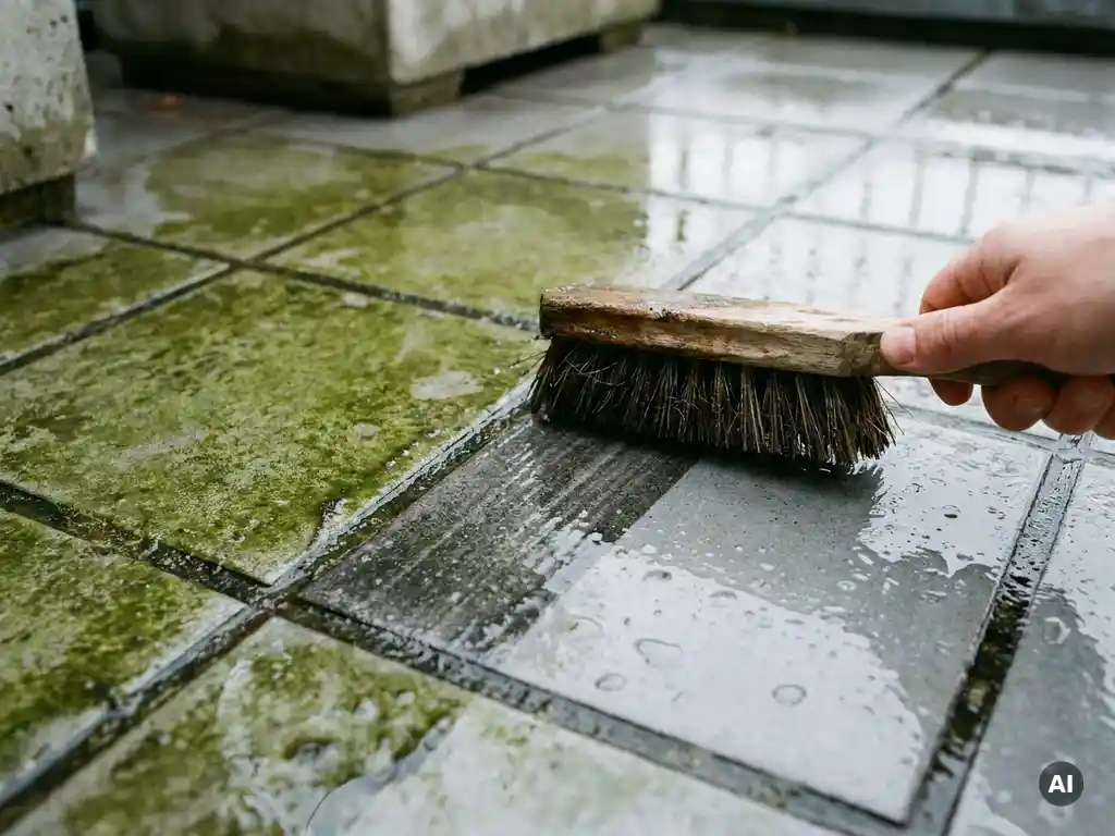 Scrubborstel verwijdert groene algengroei van grijze keramische terrastegels, waterdruppels glinsterend op het gereinigde oppervlak.