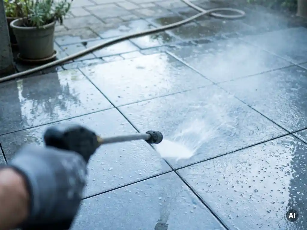 Hogedrukreiniger die keramische terrastegels in betonlook reinigt, waterdruppels spatten op grijze geglazuurde oppervlak.