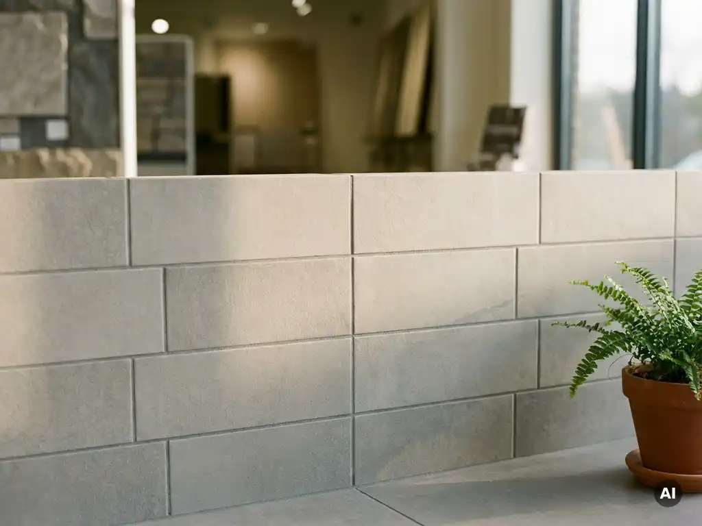 Betongrijs keramische terrastegels in stapelverband met matte glazuurlaag, dunne voegen en klein groen plantje in de hoek.