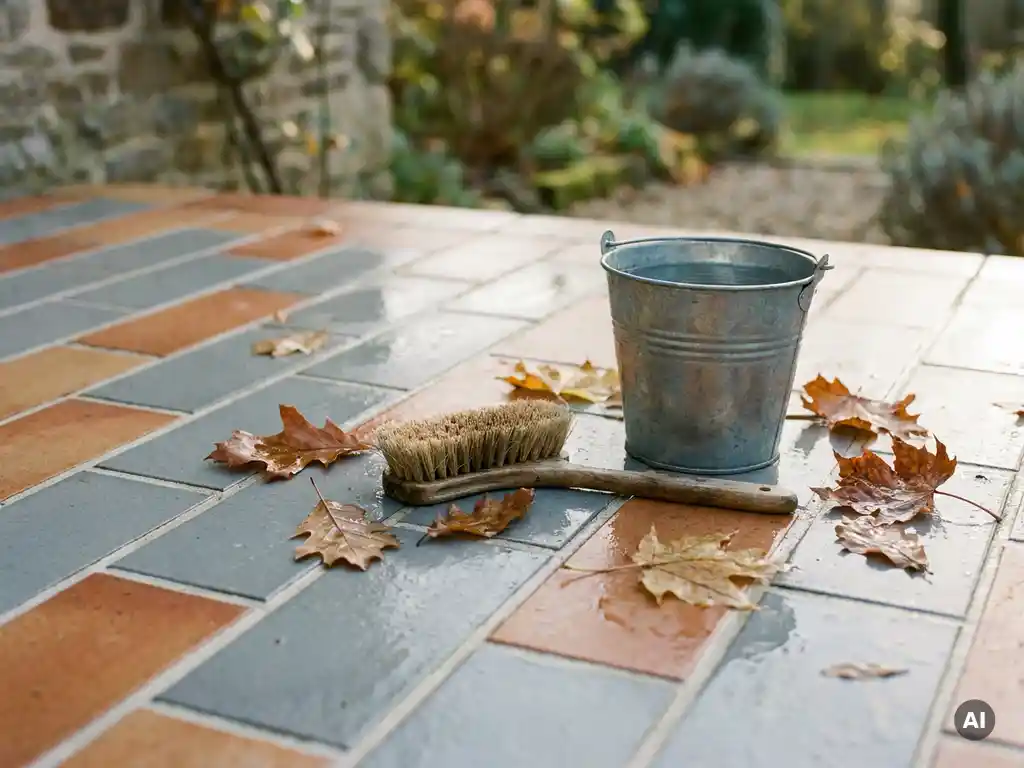 Glazen terrastegels in stapelverband met natuurlijke borstel en emmer water, herfstbladeren op de achtergrond, terracotta en betongrijs.