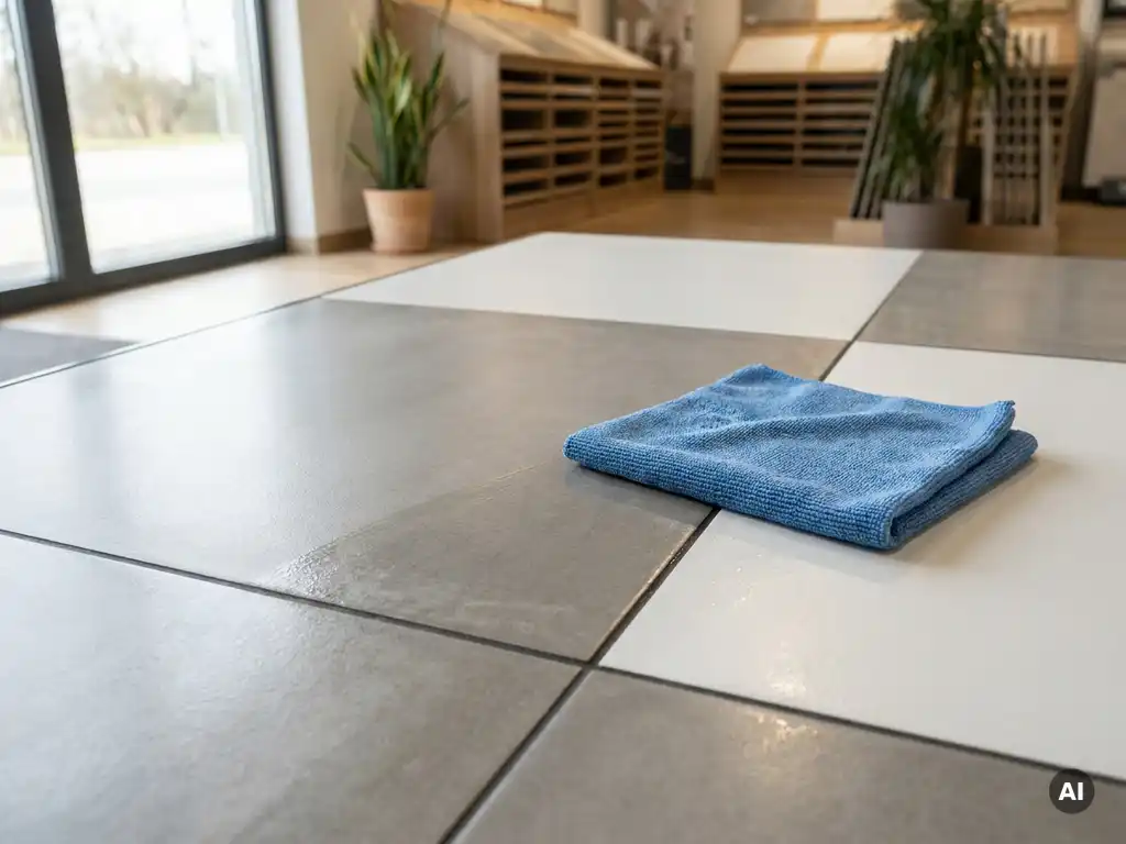 Schone keramische terrastegel met geglazuurd oppervlak, egale grijswitte kleur en strakke voeglijnen, afgeveegd met vochtige doek.