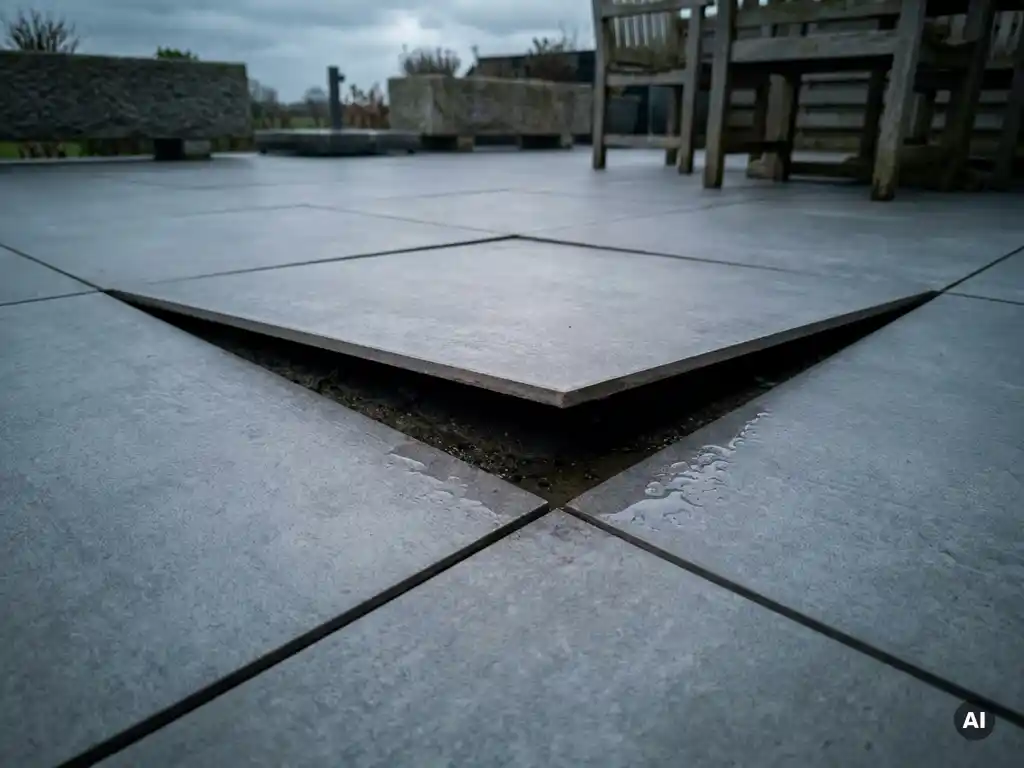 Losliggende terrastegel met opgetild hoek onthult vochtig donker substraat, waterdruppels nabij de voeg op matte betonlook keramiek.