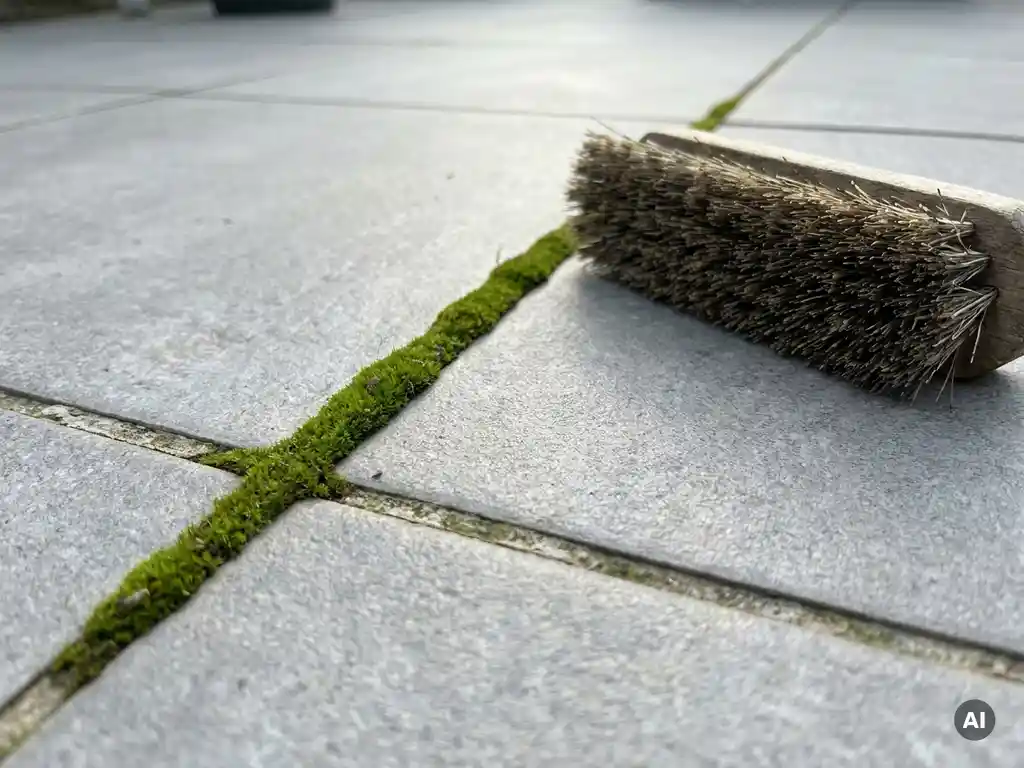 Stijve reinigingsborstel op grijze keramische terrastegel met mos langs voeglijnen, gefotografeerd op ooghoogte in natuurlijk daglicht.