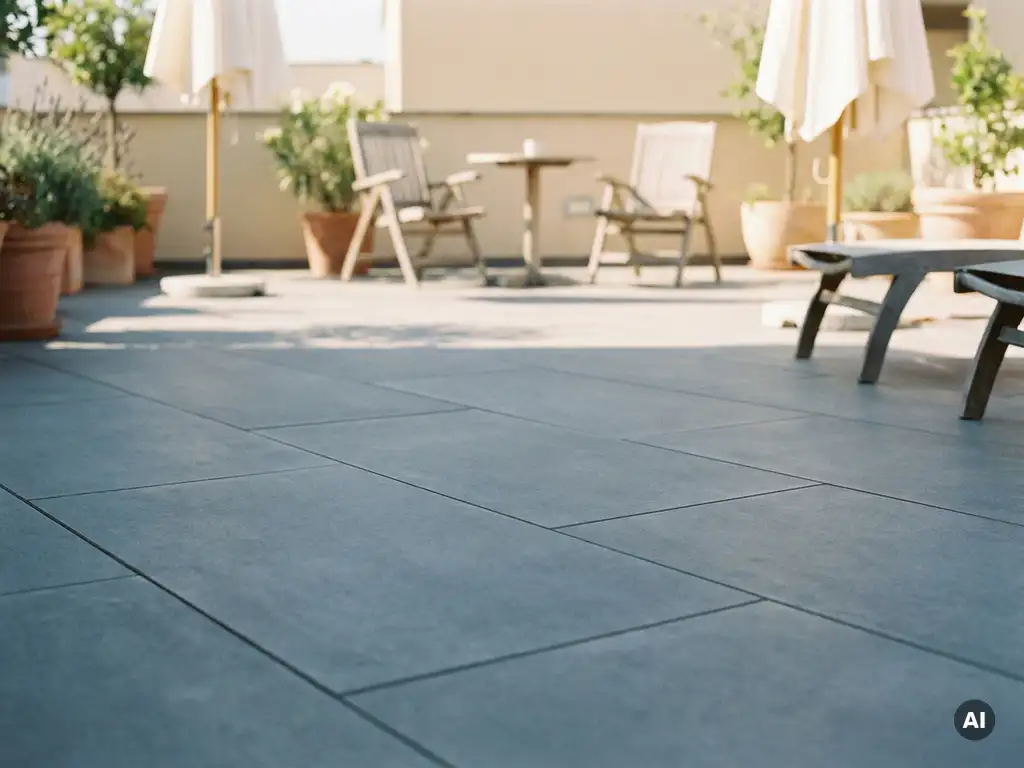 Grijze betonlook terrastegels in verspringend verband met smalle voegen, gefotografeerd op een zonnig buitenterras.