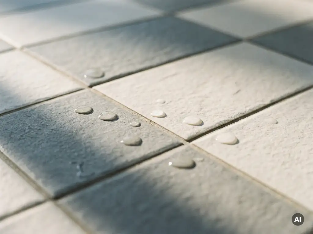 Matte keramische terrastegels in betongrijs en gebroken wit met fijne voegen, waterdruppels op het glazuuroppervlak in zijdelings daglicht.