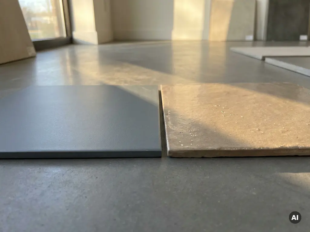 Twee keramische vloertegels naast elkaar: premium matte betonlook tegel met scherpe randen versus goedkopere tegel met zichtbare oppervlakte-onregelmatigheden.