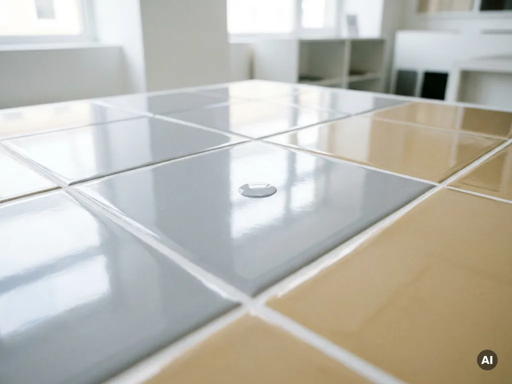 Glanzende lichtgrijze keramische vloertegels met scherpe voegen en een waterdruppel op het geglazuurde oppervlak in een witte showroom.